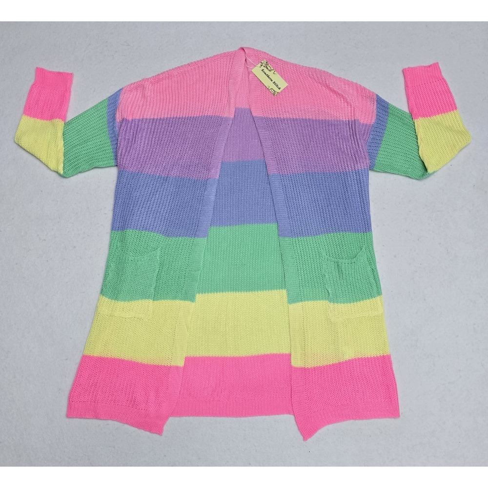 Southern Stitch Womens Pastel Rainbow Stripe Longline Open Front Cardigan L NEW
